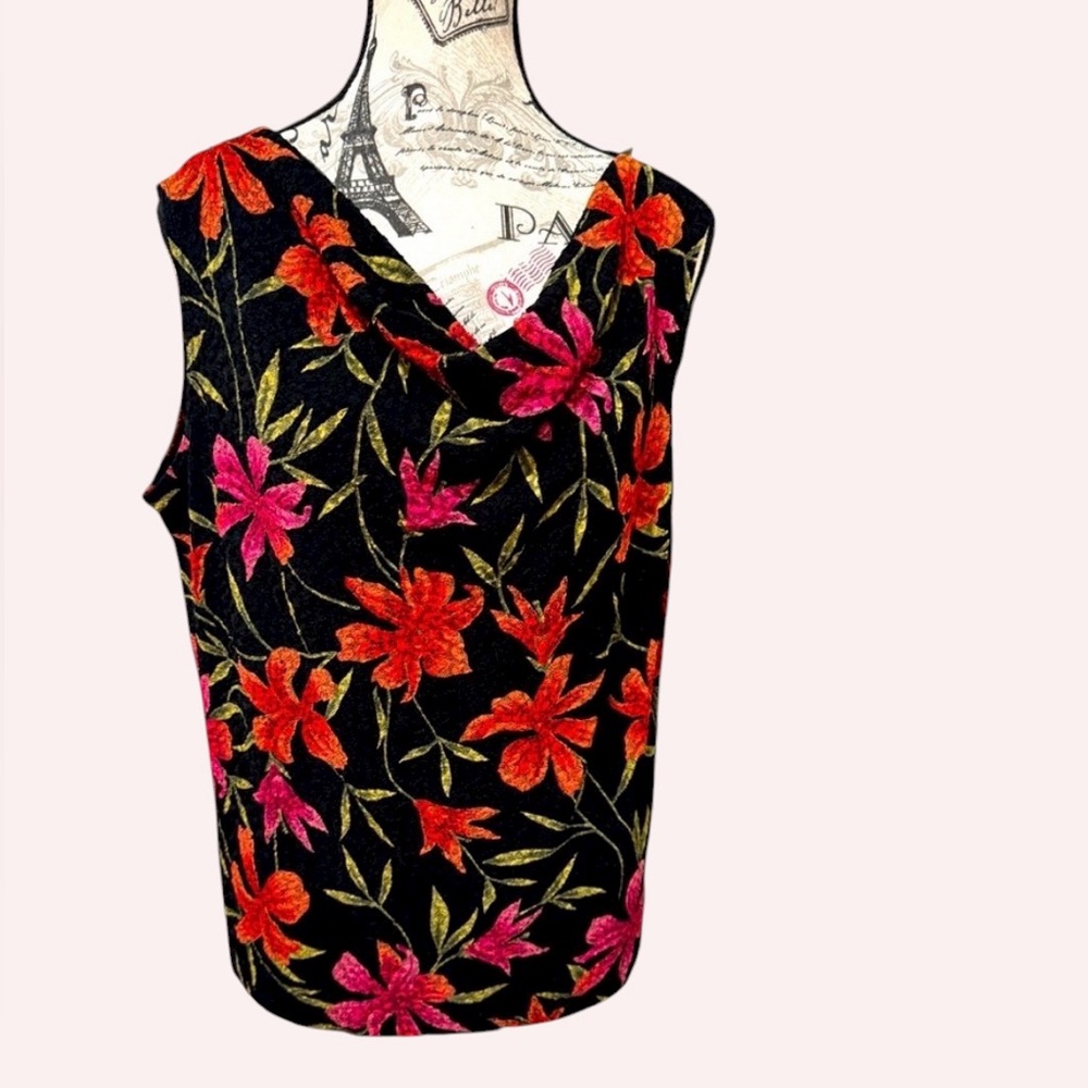 WEST END Floral Sleeveless Top - Black with Red Flowers, cowl neckline size XL